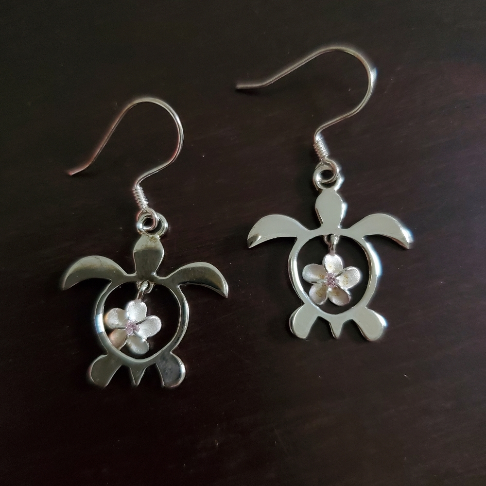 Silver turtle earrings pink flower